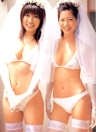 Two stacked and flirtatious gravure idol babes in white lingerie