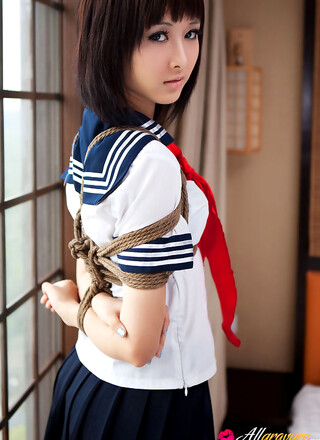 Shiryl Asian in school uniform is punished and tied in ropes