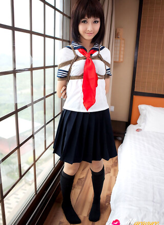 Shiryl Asian in school uniform is punished and tied in ropes