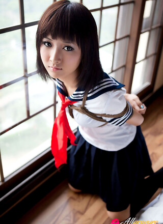 Shiryl Asian in school uniform is punished and tied in ropes