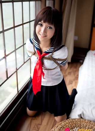 Shiryl Asian in school uniform is punished and tied in ropes