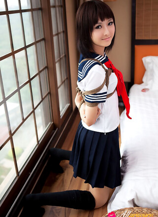 Shiryl Asian in school uniform is punished and tied in ropes