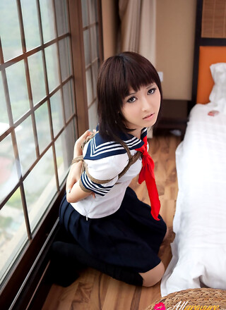 Shiryl Asian in school uniform is punished and tied in ropes