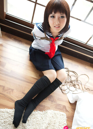 Shiryl Asian in school uniform is punished and tied in ropes